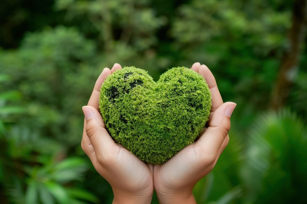 Hand holding green planet Earth in shape of heart tranquility outdoors nature.