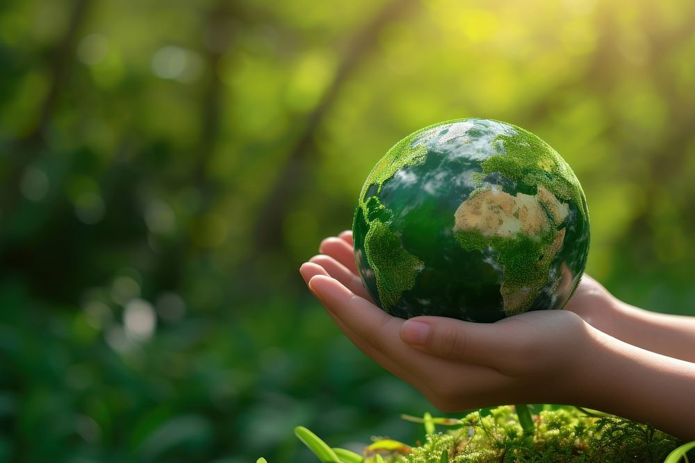 Hand holding green planet Earth sphere plant earth.