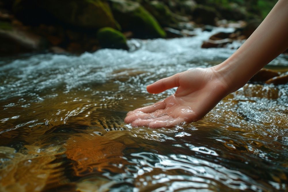 Hand touching the river water finger tranquility barefoot.