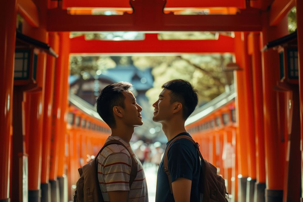 Photo of Japanese gay couple love men togetherness.