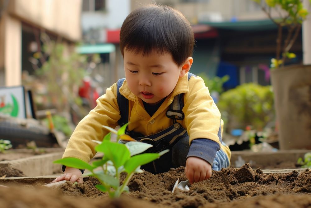 Kid gardening outdoors plant child.