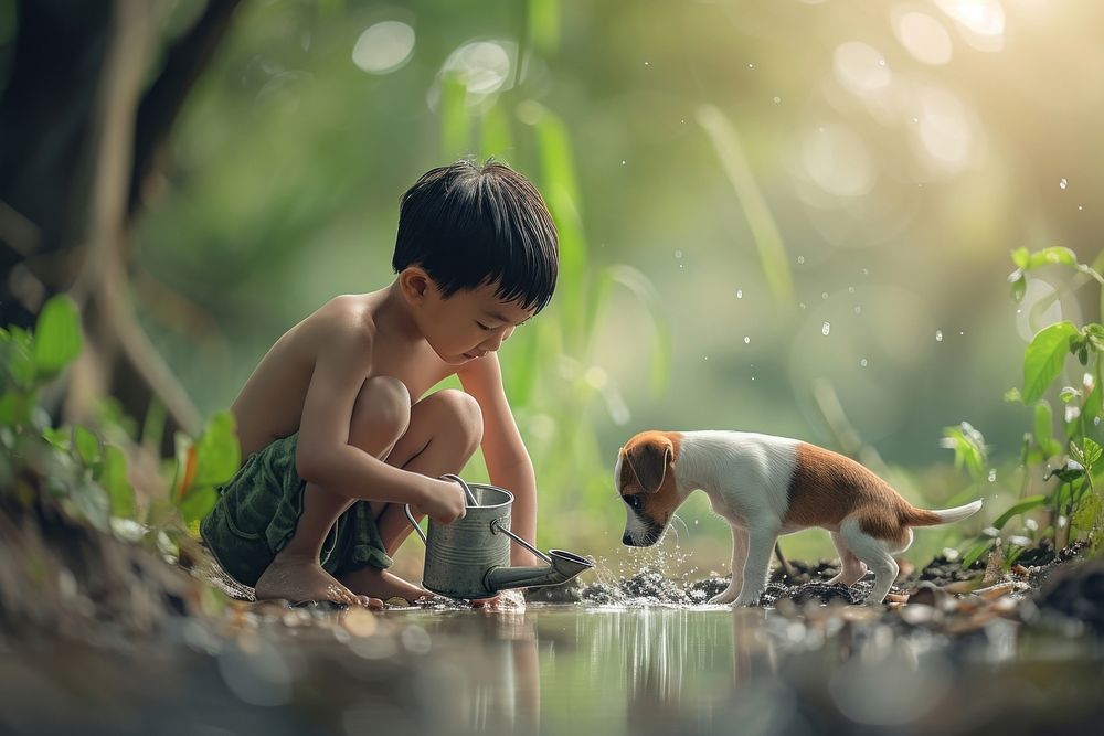 Kid with puppy watering in small garden photography outdoors animal.