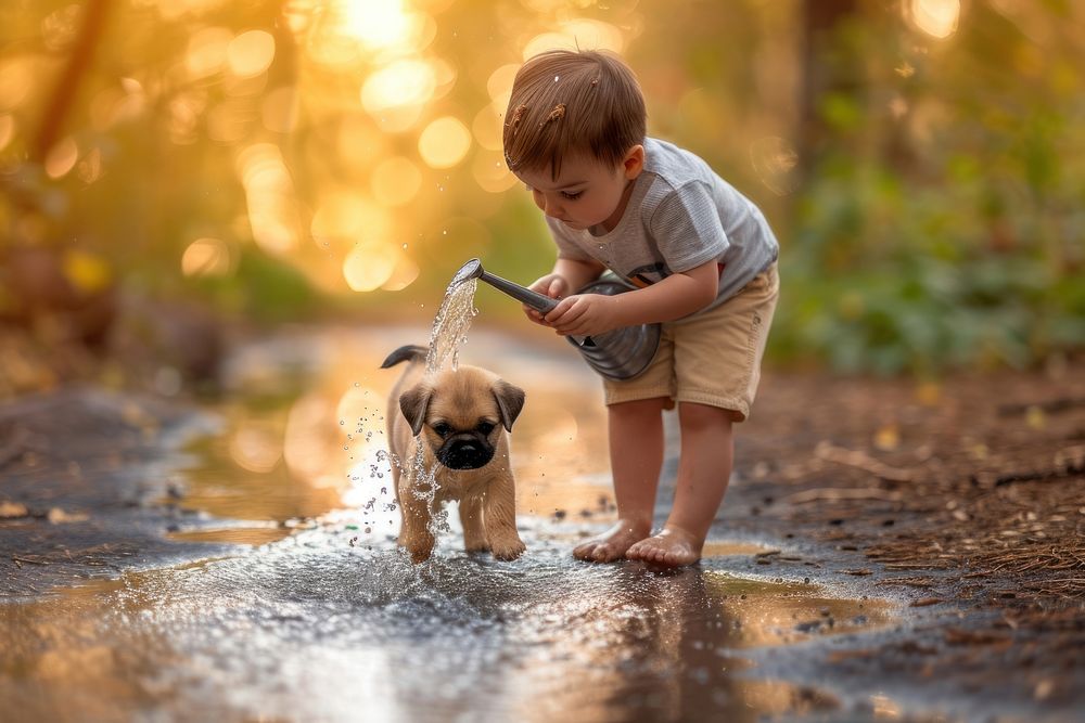 Kid with puppy watering in small garden photography animal mammal.
