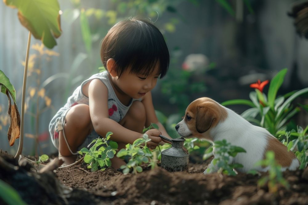Kid with puppy watering in small garden photography gardening outdoors.