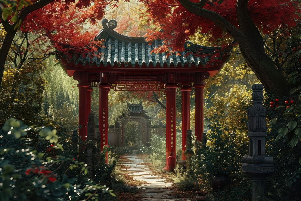 Large chinese style garden architecture building outdoors.