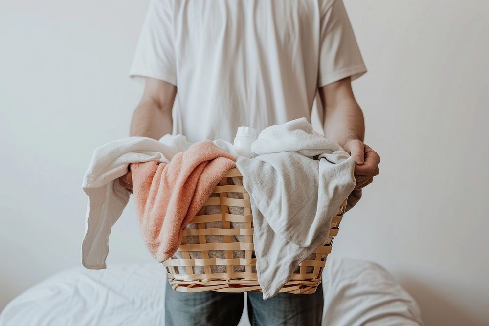 Man holding laundry basket recreation housework cleaning.