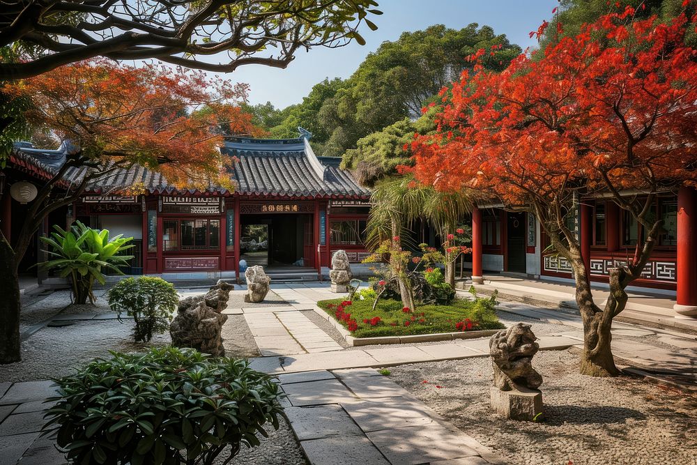 Red chinese style garden architecture building autumn.