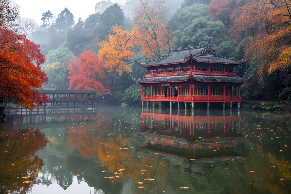 Red chinese style garden outdoors nature autumn.