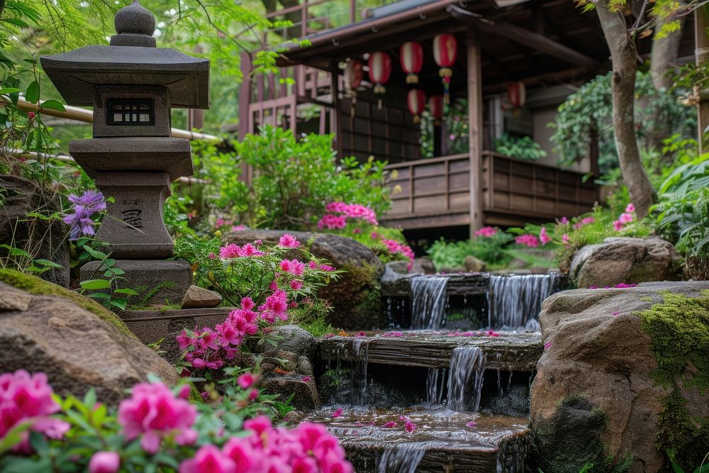 Small japanese zen style garden architecture waterfall outdoors.