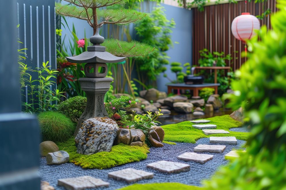Small japanese zen style garden outdoors backyard nature.