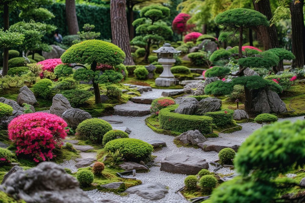 Small japanese style garden outdoors woodland nature.