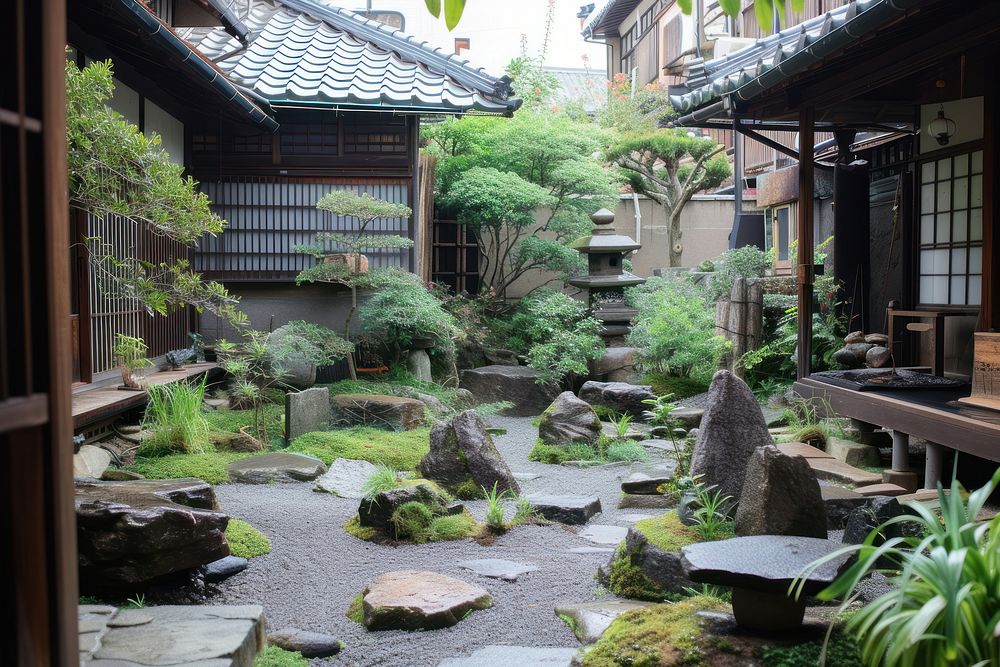 Small japanese style garden architecture outdoors backyard.