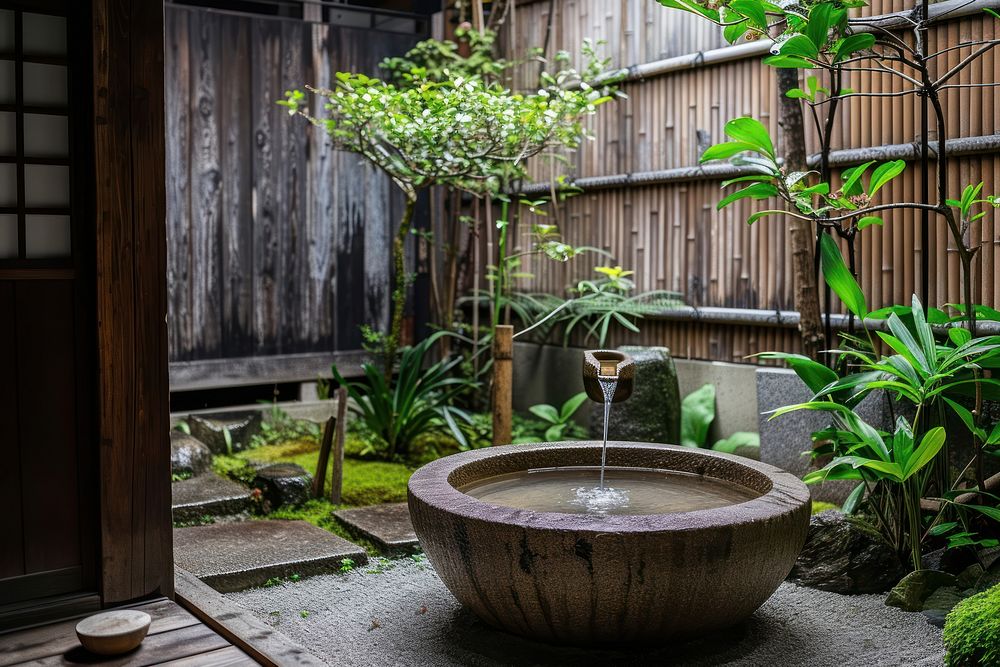 Small japanese style garden birdbath architecture houseplant.