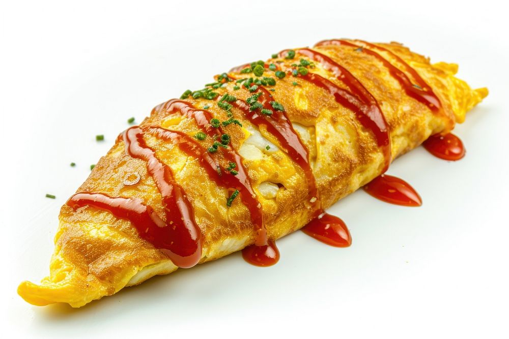 Omurice with ketchup omelette food white background.