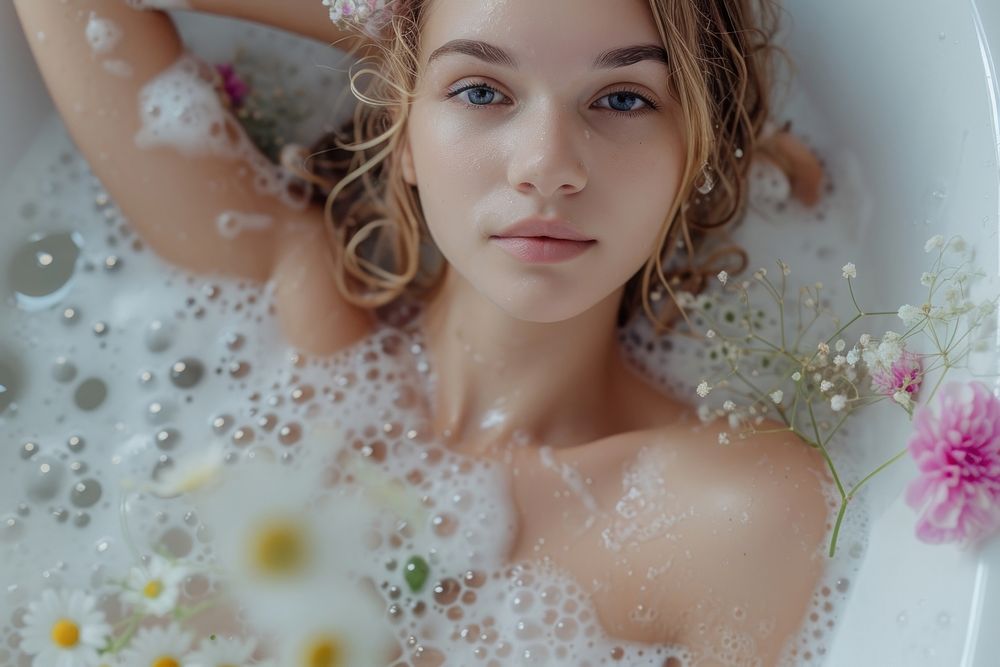 Woman holding flowers bathtub portrait bathing.
