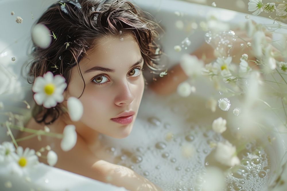 Woman in a small bathtub portrait flower adult.