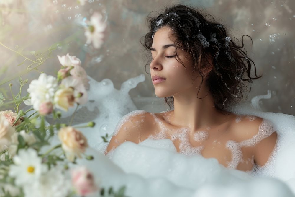 Woman in a small bathtub portrait flower adult.
