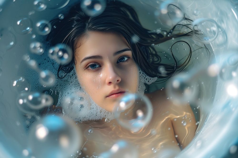 Woman portrait bathtub bubble.