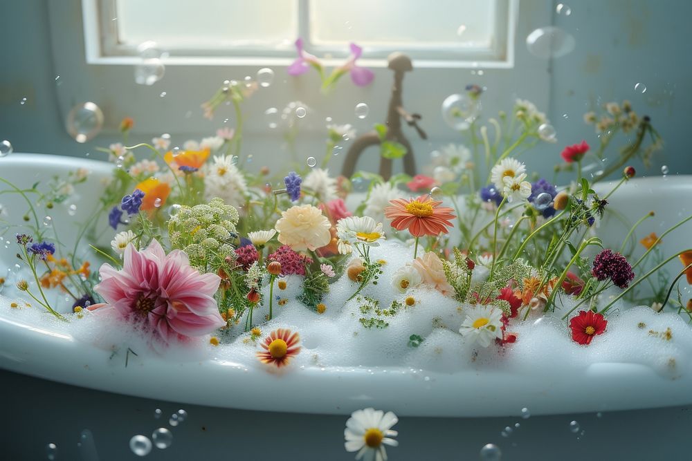Bathtub full of flowers plant petal daisy.