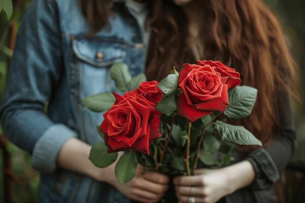 Couple holding red roses flower plant inflorescence.