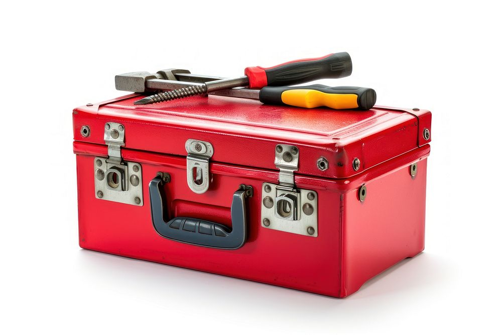 Red toolbox with hand tools white background screwdriver technology.