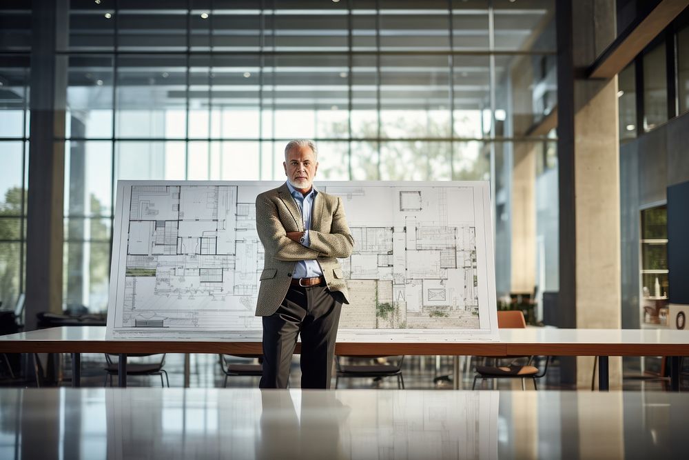 Senior architect standing in a meeting room with blueprints adult businesswear architecture.