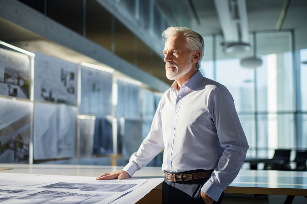 Senior architect standing in a meeting room with blueprints adult entrepreneur businesswear.