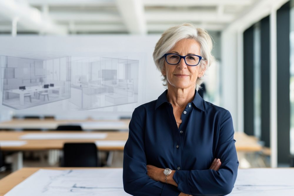Senior woman architect standing in a meeting room with blueprints glasses adult architecture.