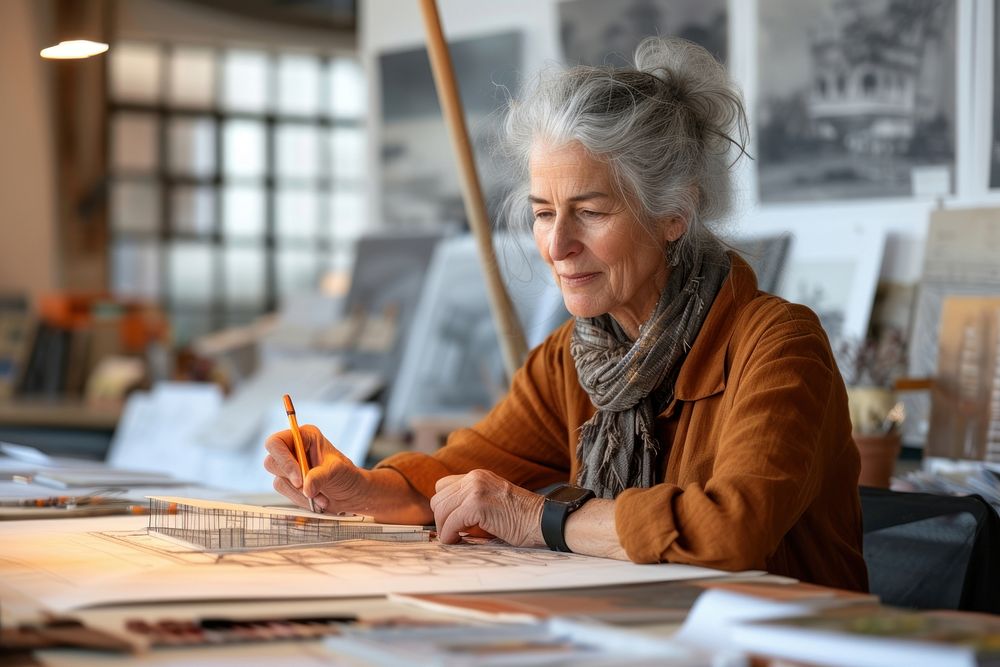 Senior woman making architecture drawings on a desktop writing adult women.