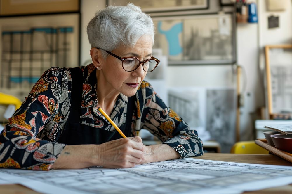 Senior woman making architecture drawings on a desktop writing adult women.