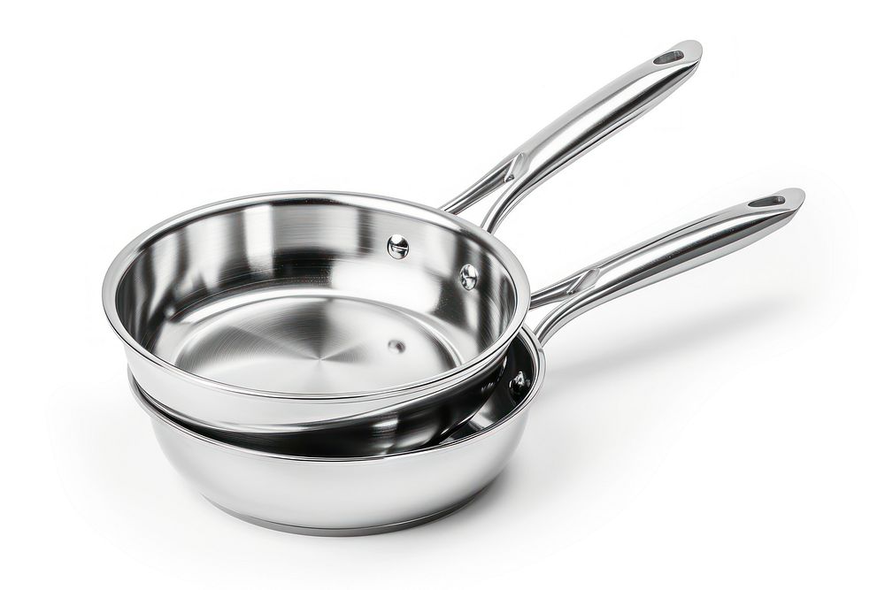 Set of Cooking silver pans saucepan white background silverware.