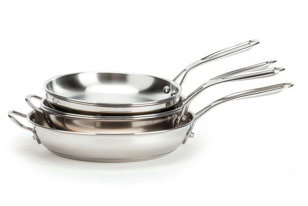 Set of Cooking silver pans white background silverware saucepan.