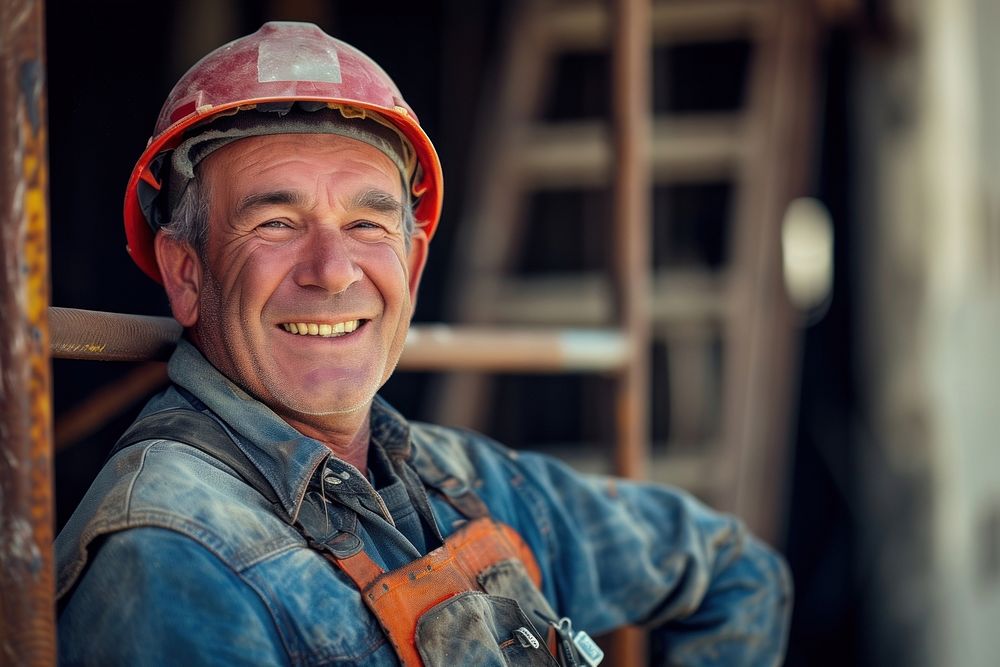 Smiling builder standing on construction site hardhat helmet adult.