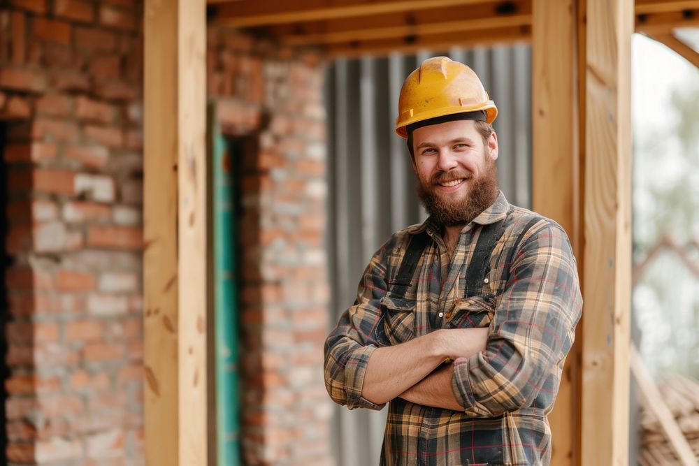 Smiling builder standing on construction site hardhat helmet entrepreneur.