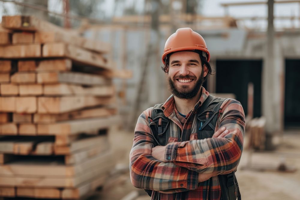 Smiling builder standing on construction site hardhat helmet wood.