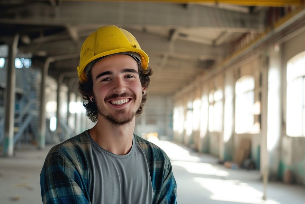Smiling young architect man factory hardhat helmet.