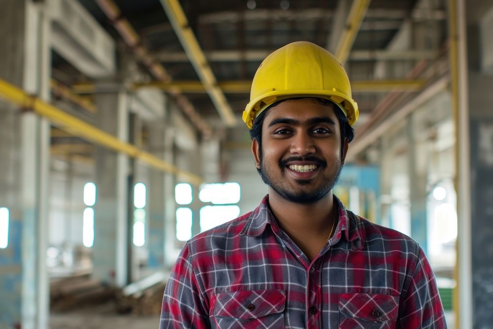 Smiling young Indian architect man factory hardhat helmet.
