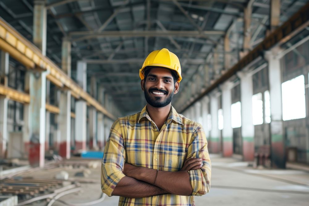 Smiling young Indian architect man factory hardhat helmet.