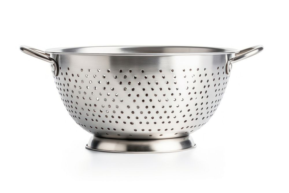 Stainless steel colander bowl white background container.