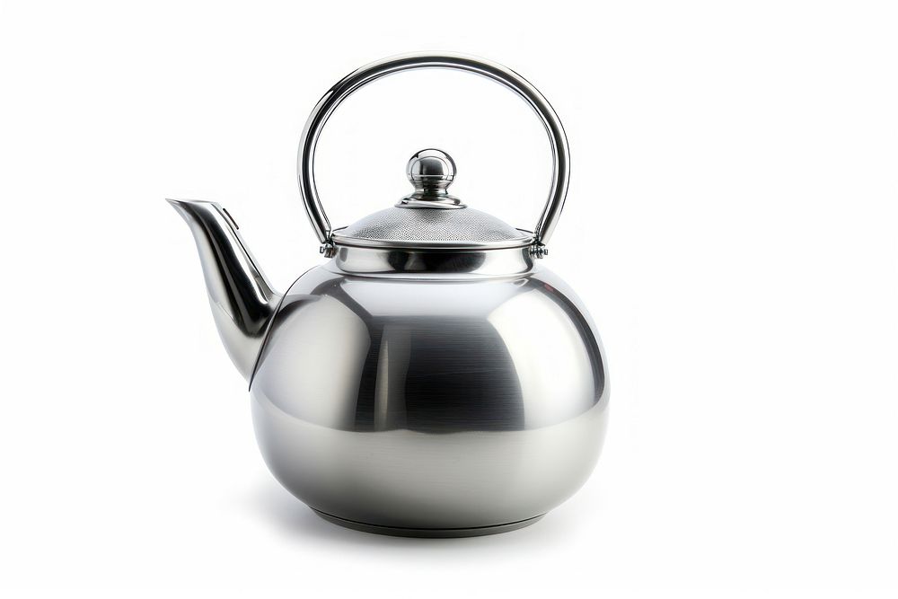 Stainless steel kettle teapot white background container.
