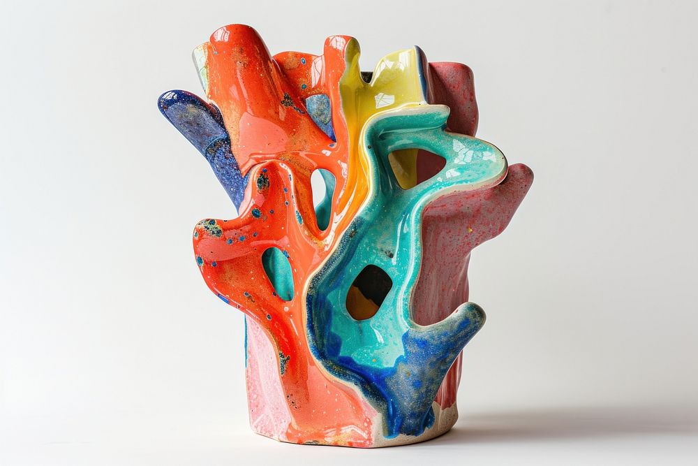 One piece of colorful ceramic art made by kid vase white background creativity.
