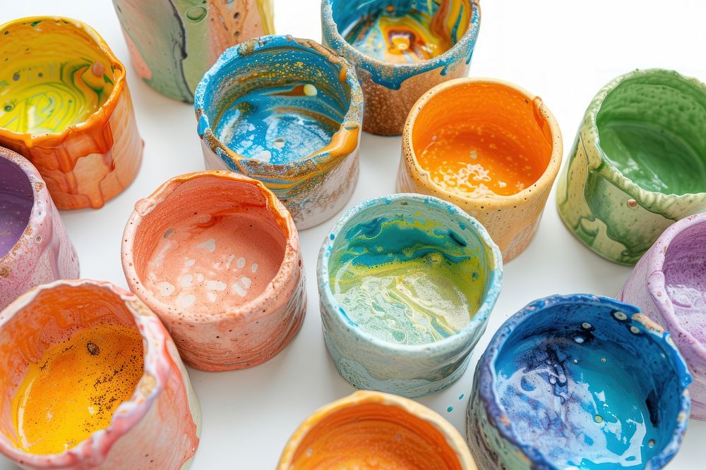 Colorful ceramic art made by kid paintbrush creativity container.