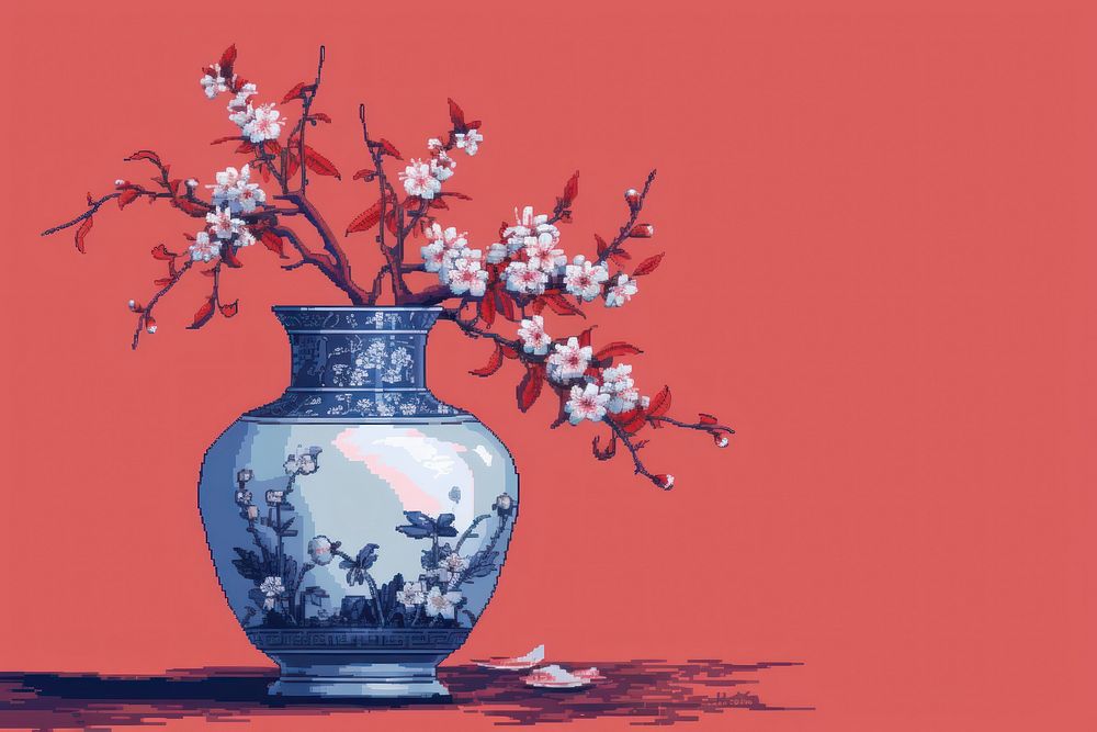 Chinese porcelain cut pixel art flower plant.