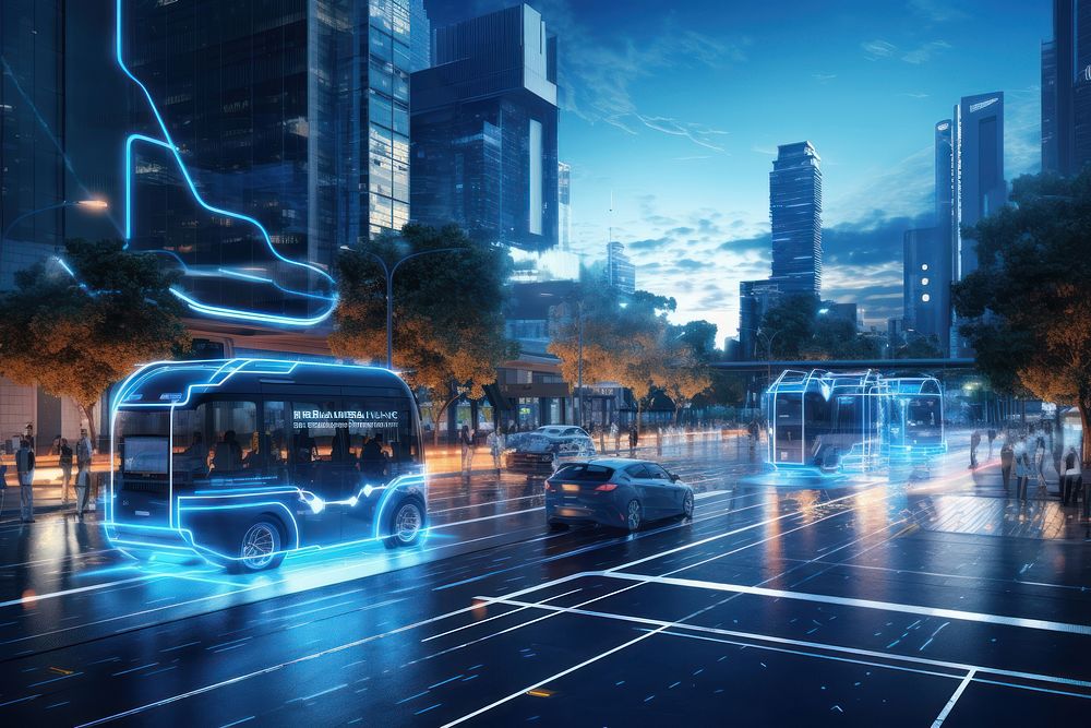 Autonomous vehicle navigating a cityscape architecture metropolis outdoors.