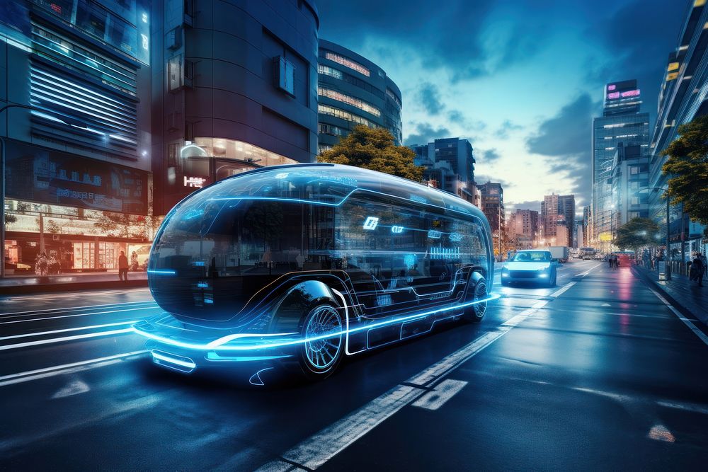 Autonomous vehicle navigating a cityscape architecture car bus.