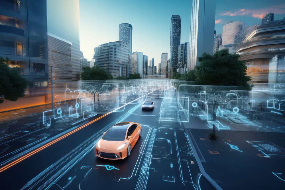 Autonomous vehicle navigating a cityscape architecture outdoors street.