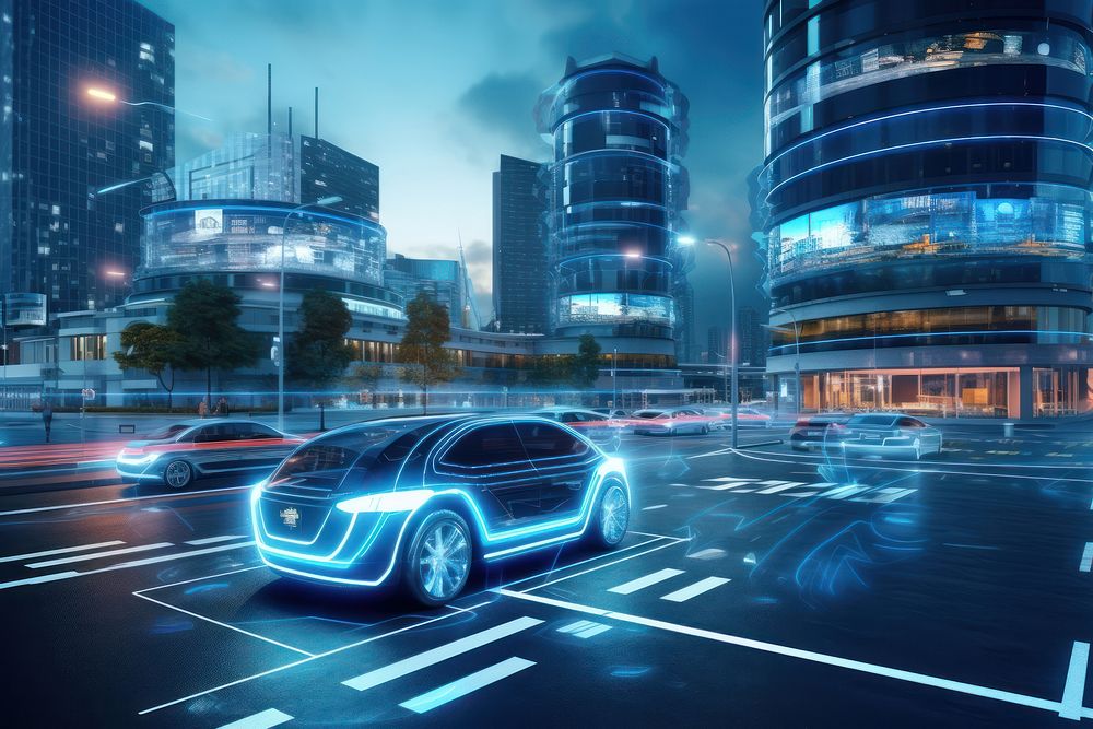 Autonomous vehicle navigating a cityscape architecture street road.