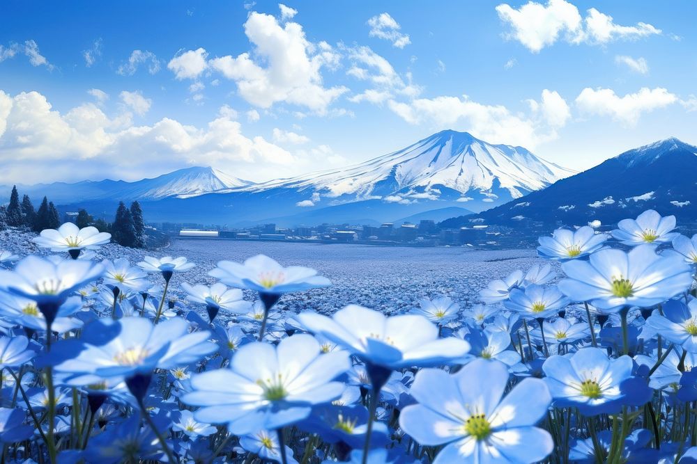 Blue flower fields landscape mountain outdoors.