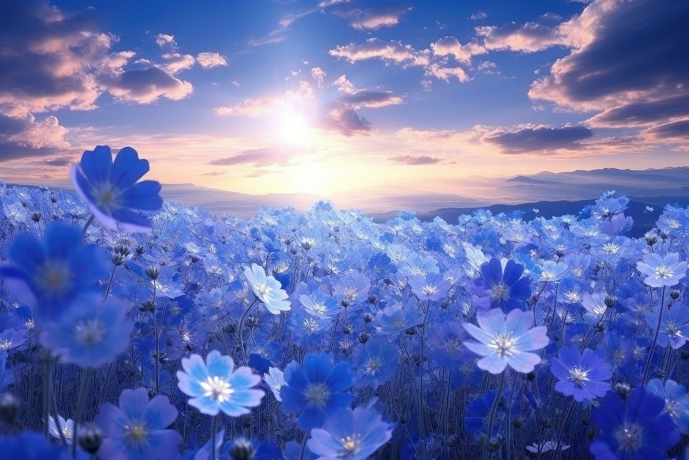Blue flower fields landscape panoramic sunlight.
