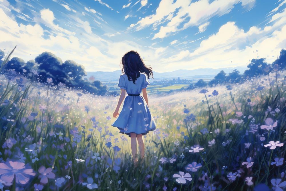 Blue flower fields anime landscape outdoors.